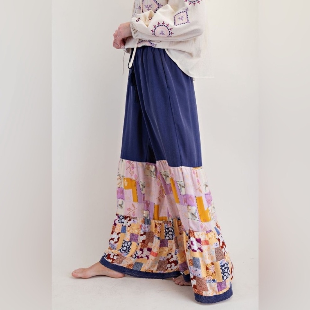 Easel Navy and Multicolor Patchwork Wide-Leg Pants - Picture 2 of 5